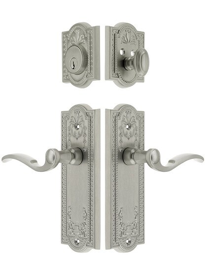 Grandeur Parthenon Entrance Door Set, Keyed Alike with Bellagio Levers in Satin Nickel.
